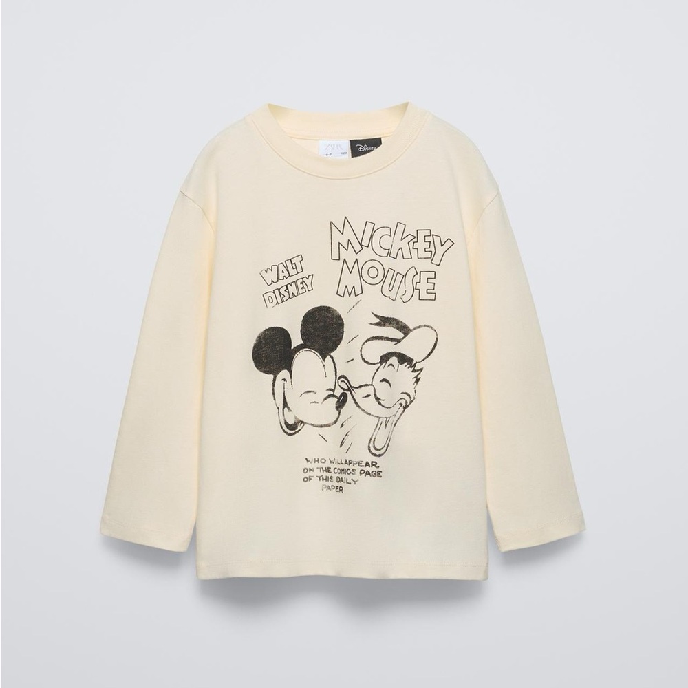 ZARA Disney Cream Long Sleeve Tee with Mickey Mouse